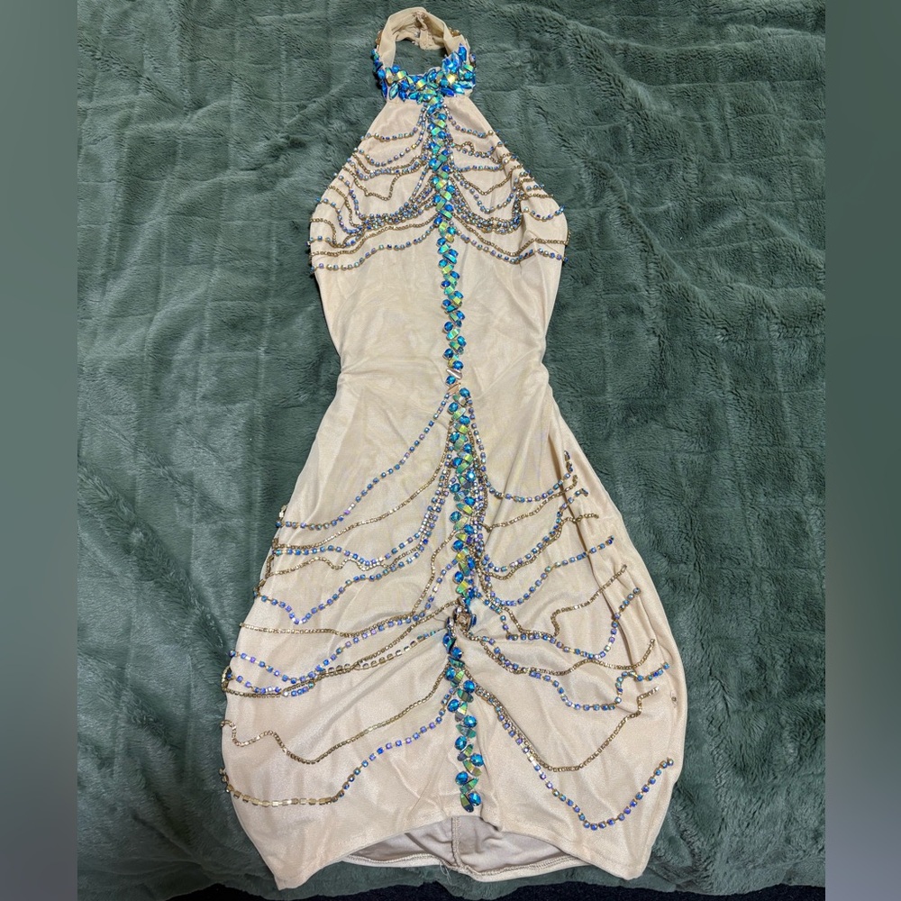 Elegant Beaded Halter Mini Dress - Cream with Blue Accents